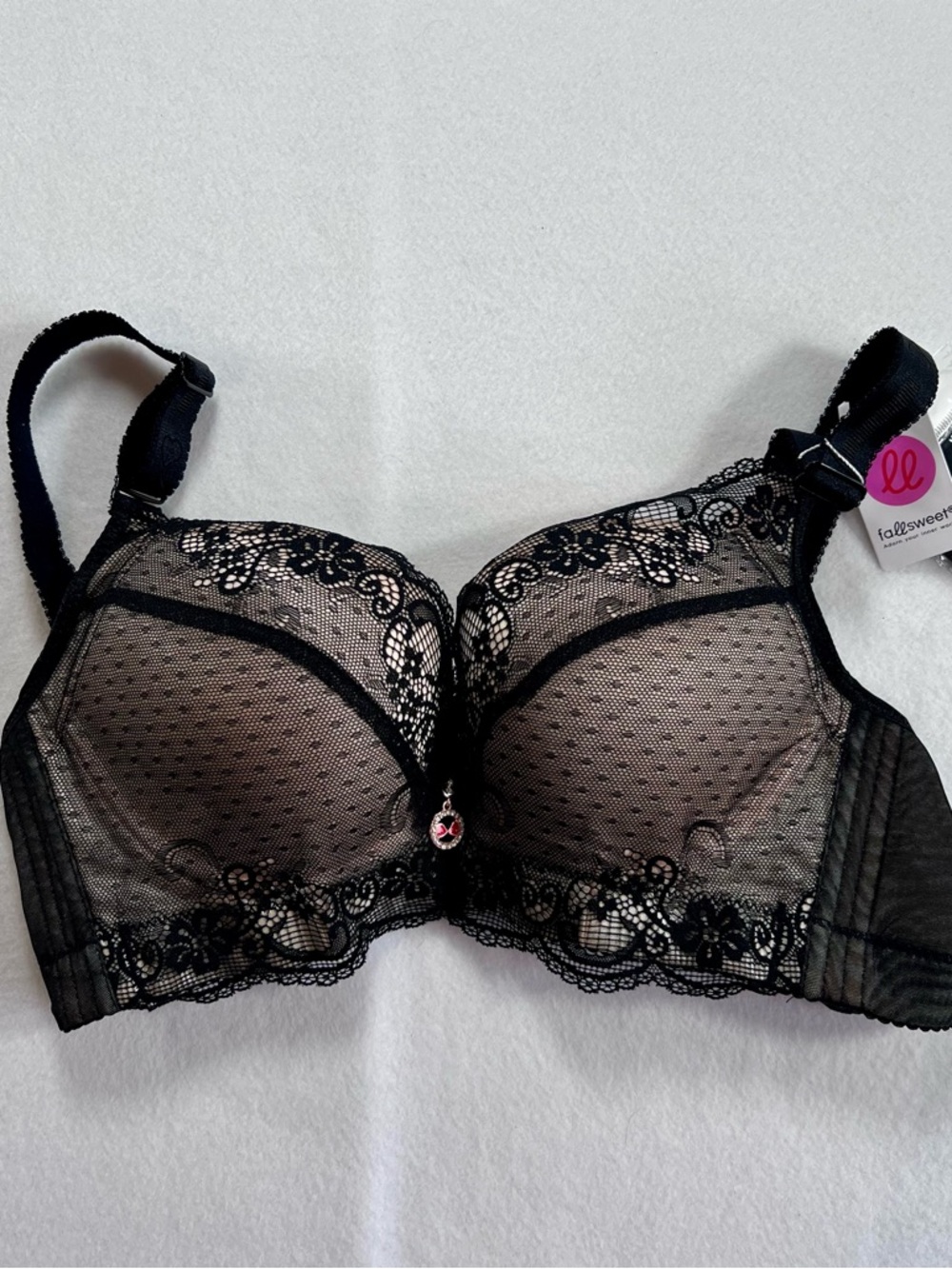 Black Lace Push Up Bra NWT Padded Floral Mesh Pink Charm 36B